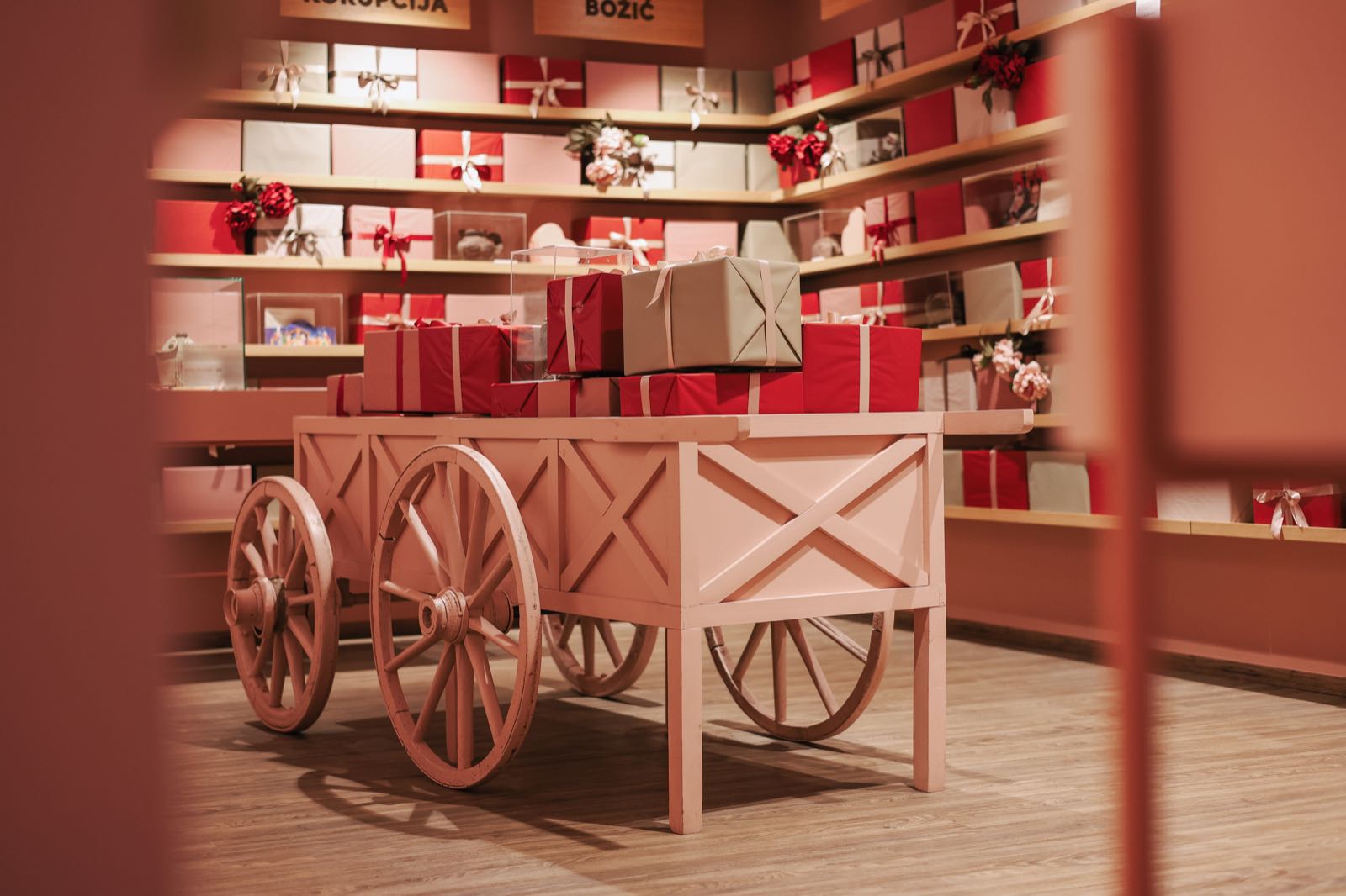 Cart loaded with chocolate gift boxes at Chocolate Museum Zagreb