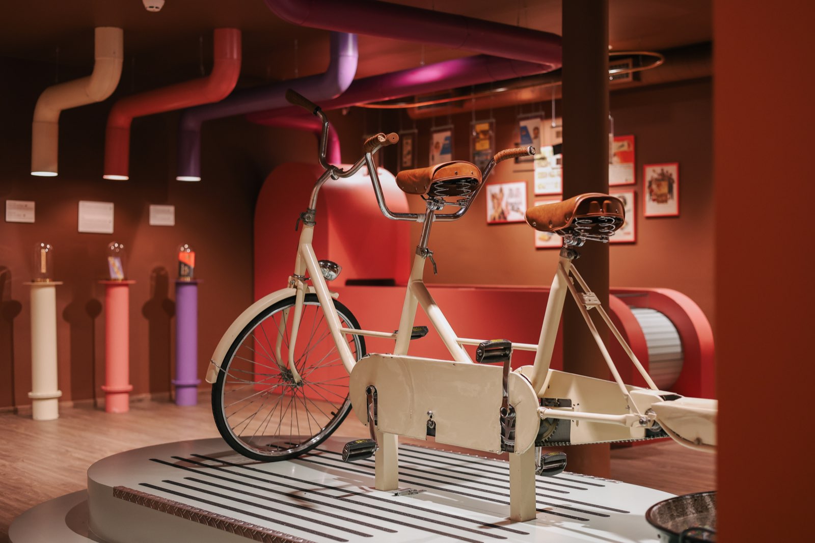 Interactive tandem bicycle exhibit at Chocolate Museum Zagreb