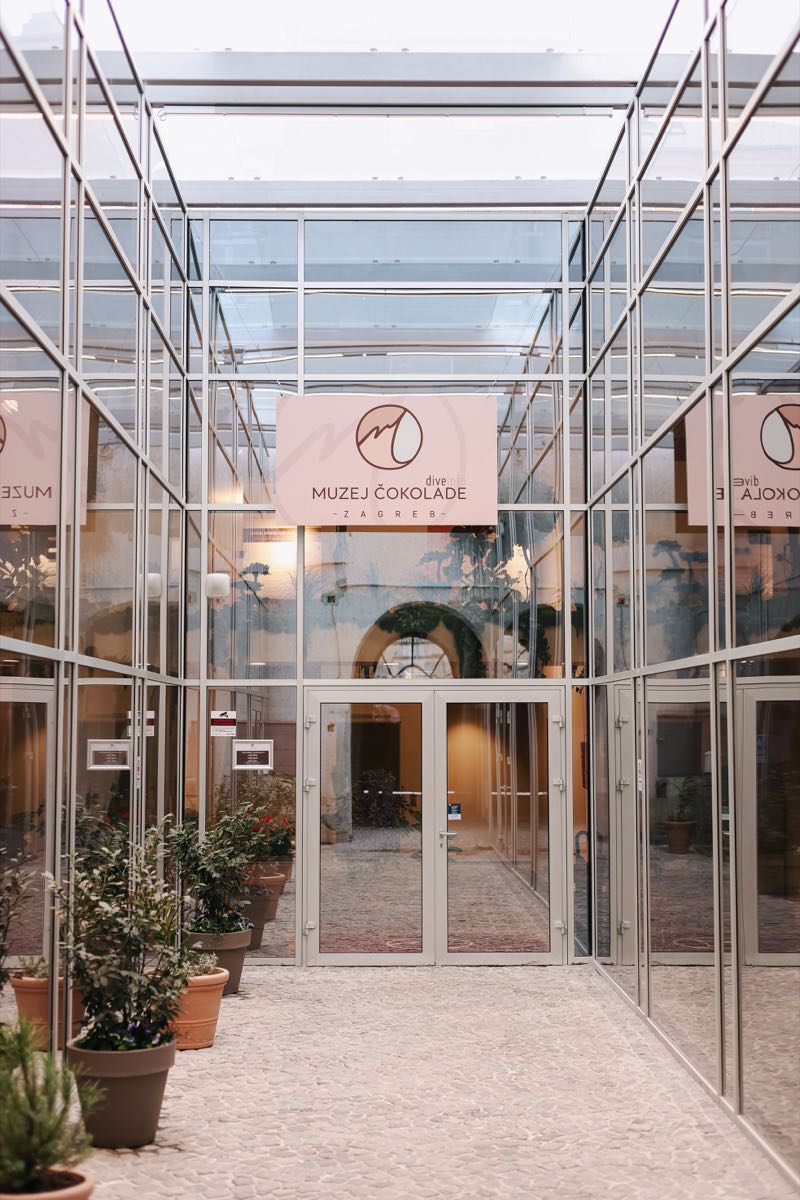 Glass atrium entrance of Chocolate Museum Zagreb at Gundulićeva 26
