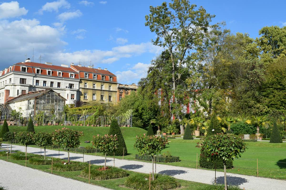 Zagreb Botanical Garden with lawns and historic greenhouse